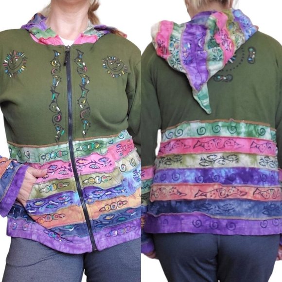90s Boho Hippie Zipup Jacket Hooded Patchwork Green Handpainted Sun Large - Picture 1 of 15